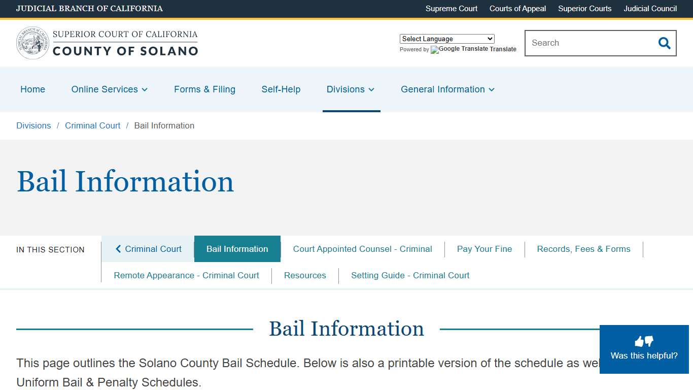 Bail Information Superior Court of California County of Solano