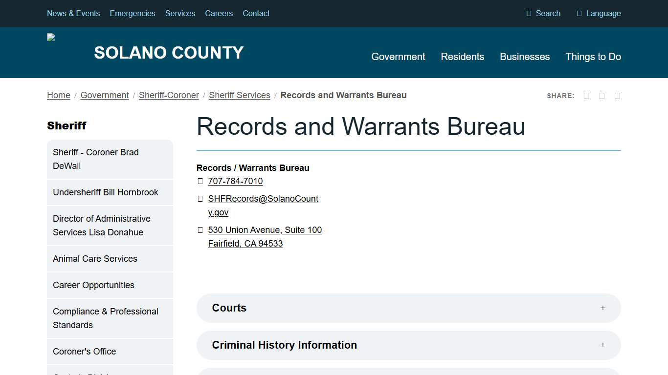 Records and Warrants Bureau Solano County, California
